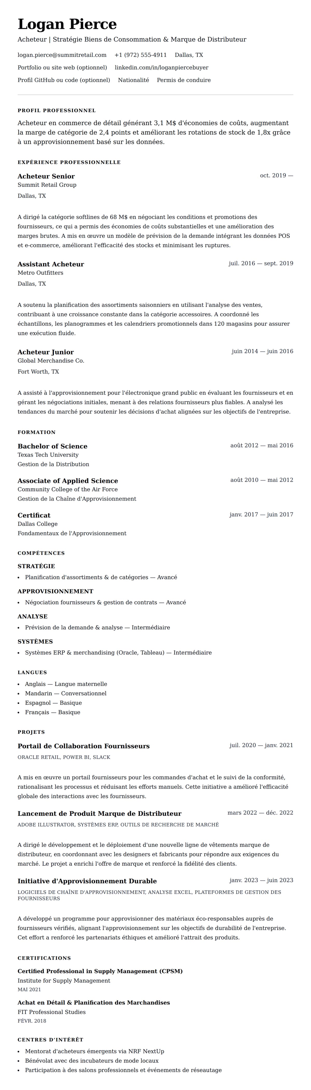 Aperçu du CV Exemple de CV d'Acheteur