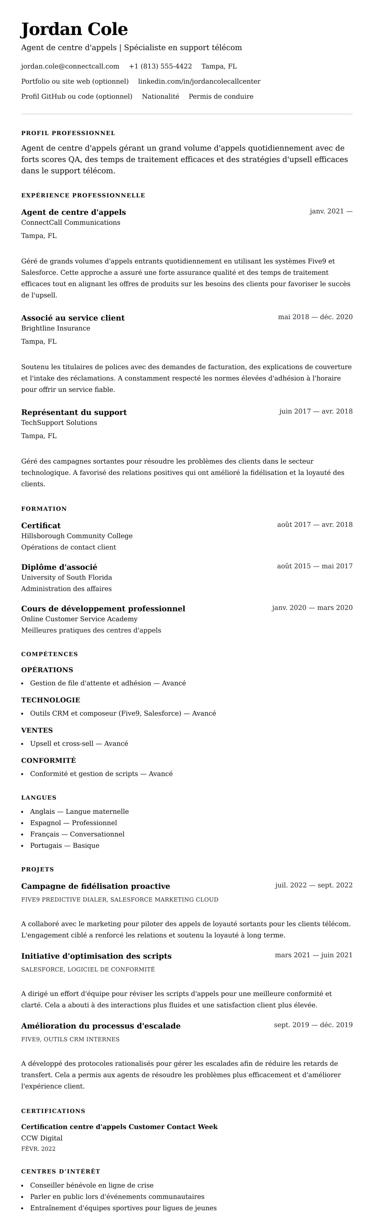 Exemple de CV pour Agent de centre d'appels