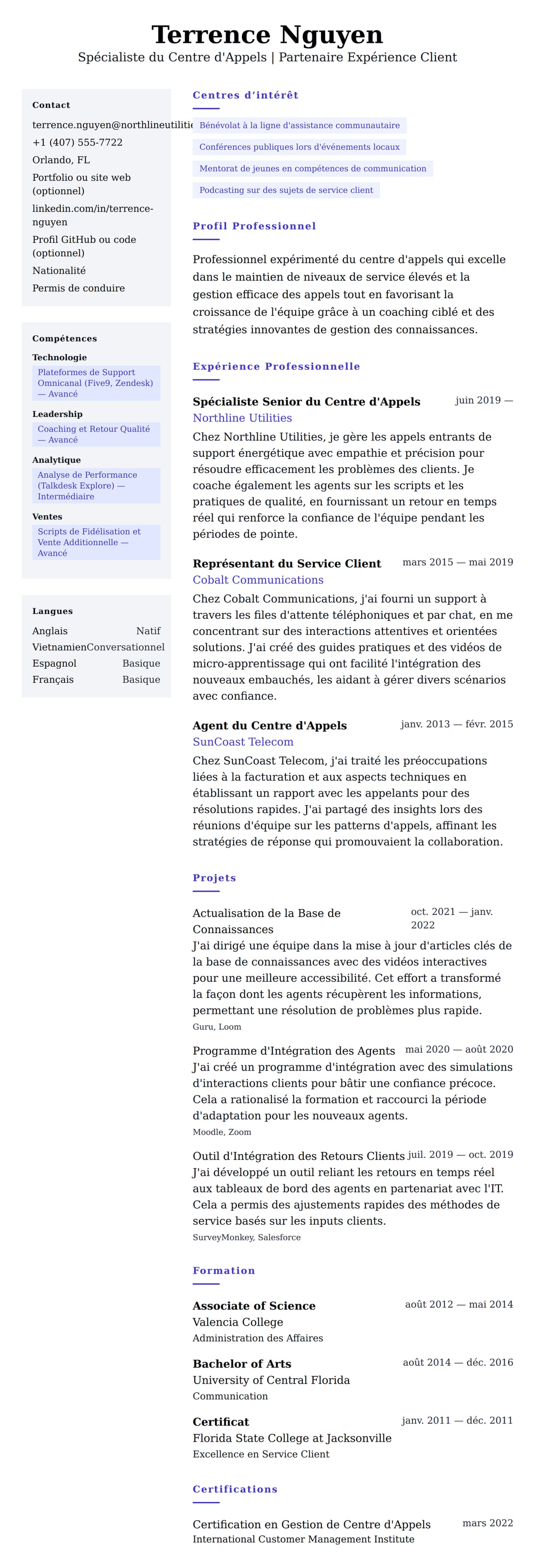 Exemple de CV de Professionnel du Centre d'Appels