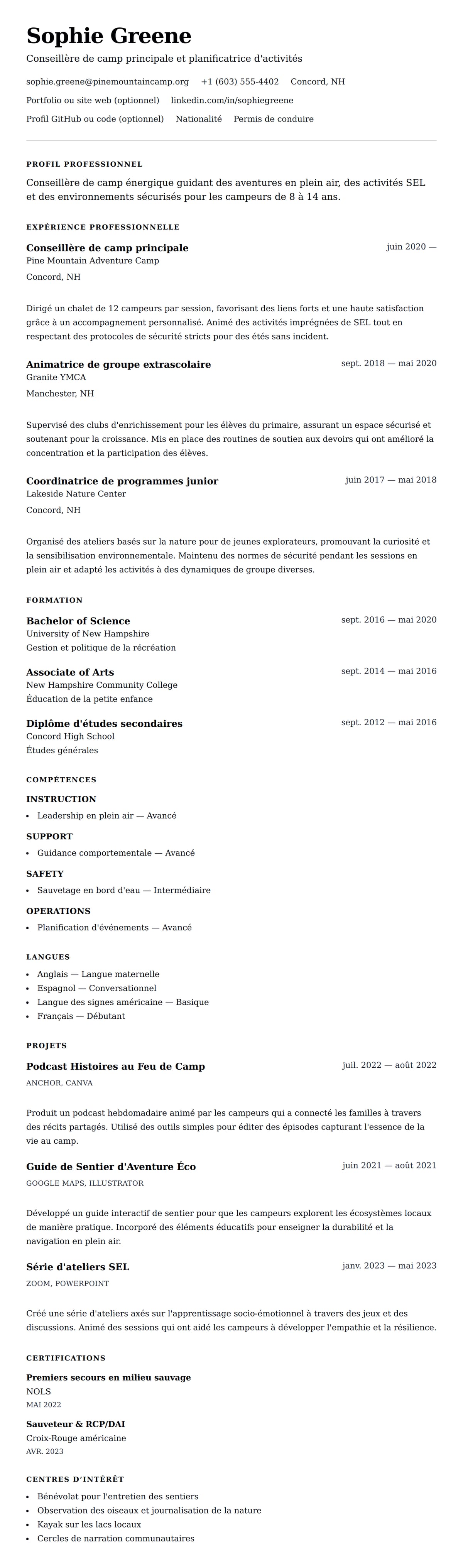Aperçu du CV Exemple de CV de Conseiller de camp