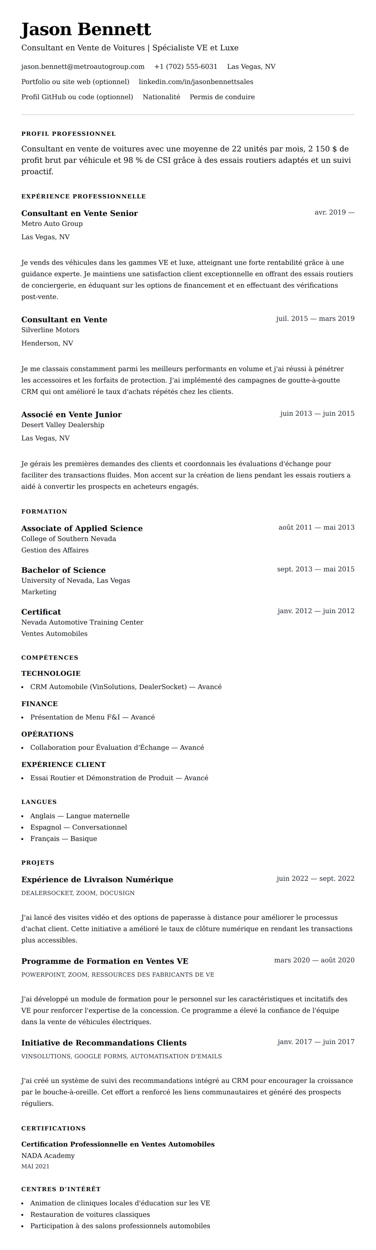 Aperçu du CV Exemple de CV de Consultant en Vente de Voitures