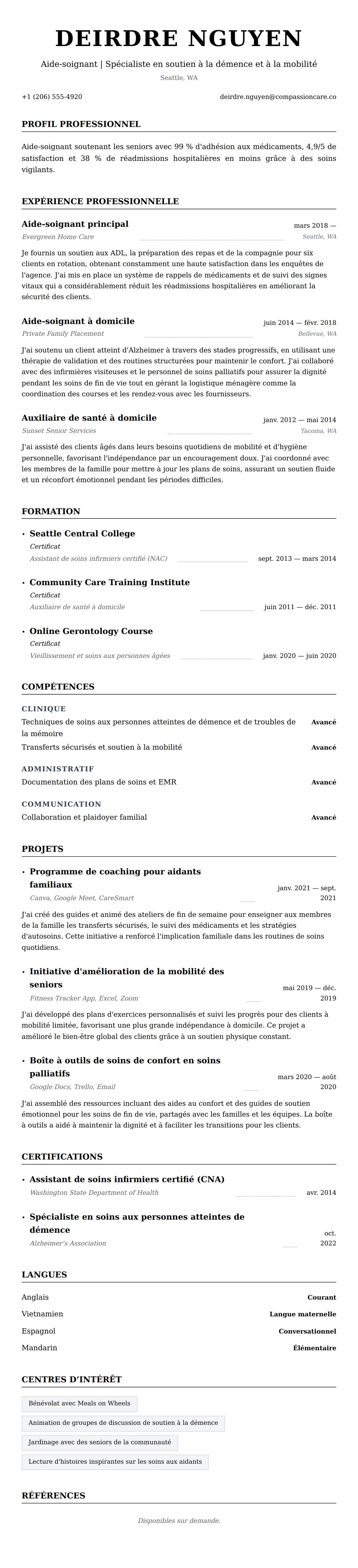 Aperçu du CV Exemple de CV d'Aide-soignant