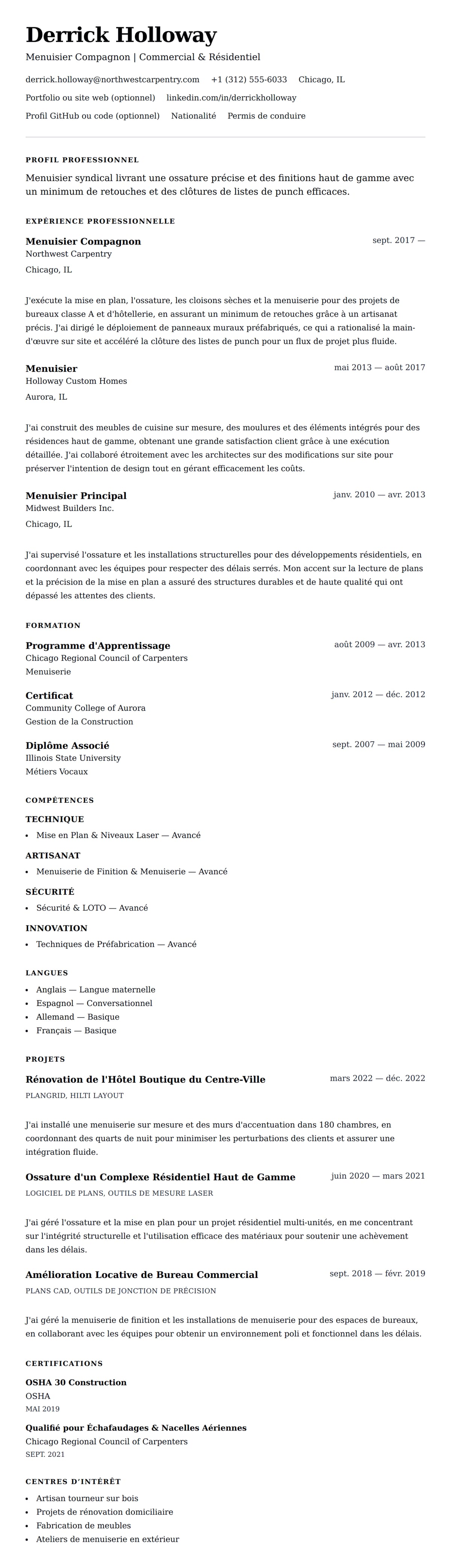 Aperçu du CV Exemple de CV de Menuisier