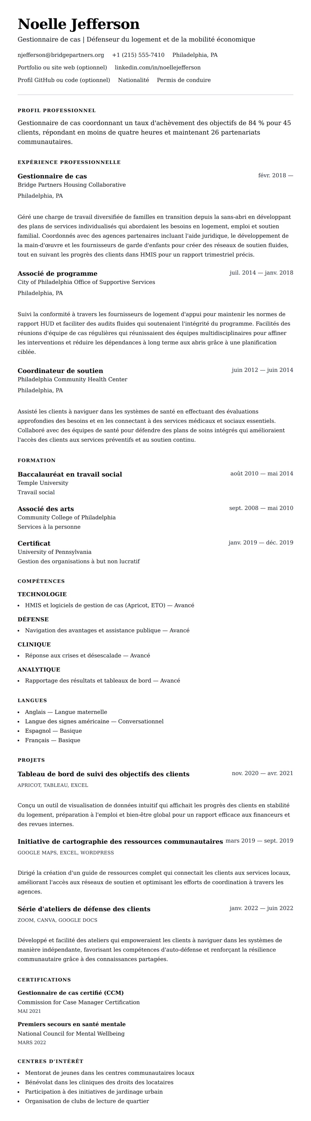 Aperçu du CV Exemple de CV de Gestionnaire de cas