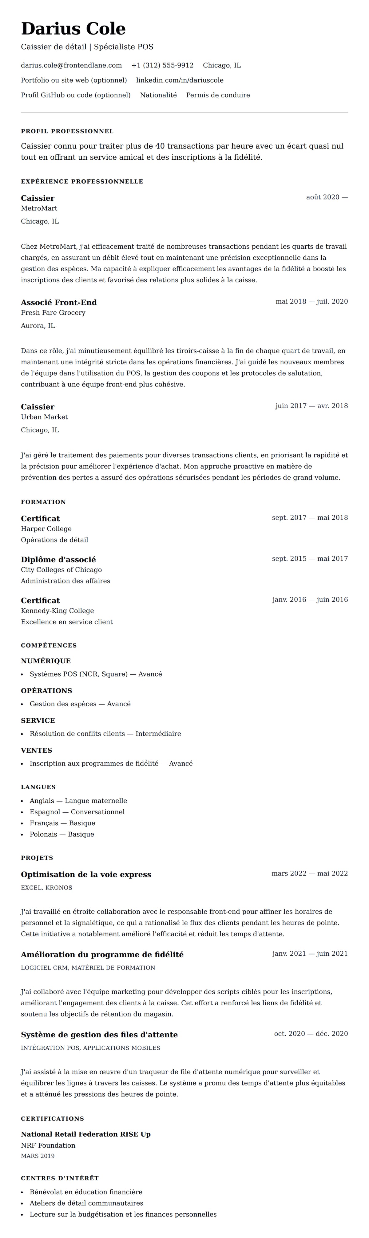Aperçu du CV Exemple de CV de Caissier