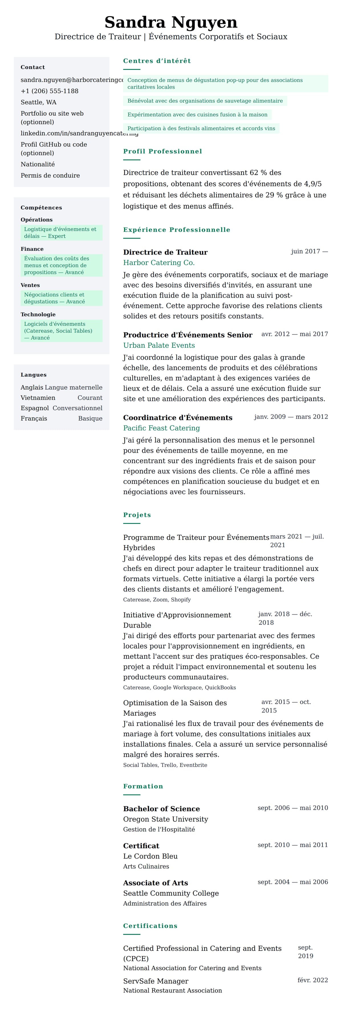 Aperçu du CV Exemple de CV de Traiteur