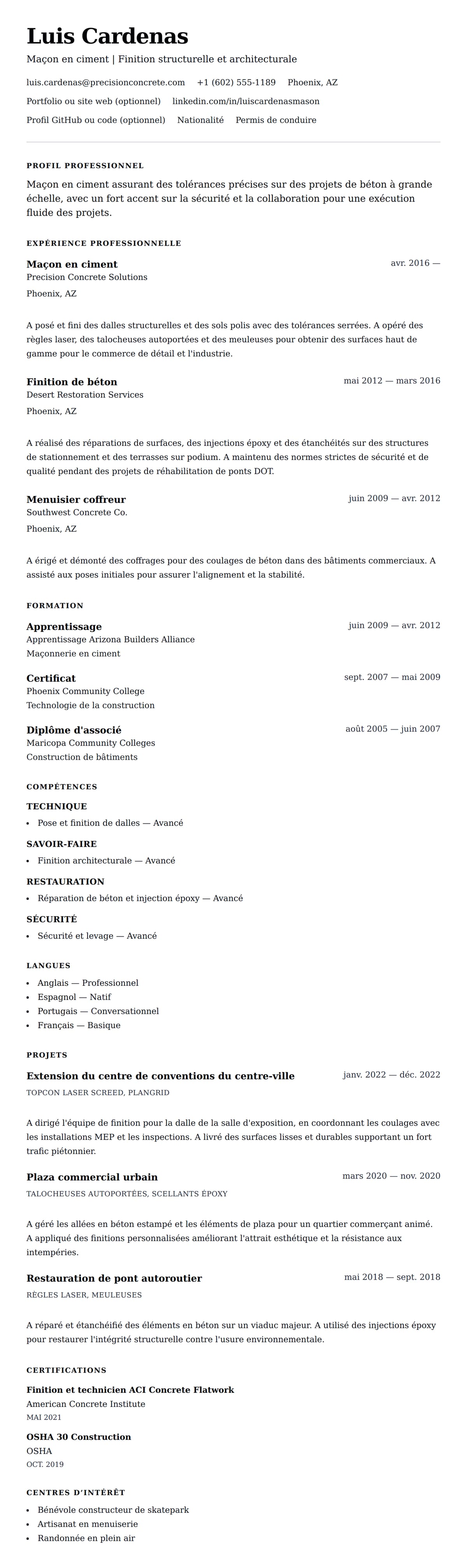 Aperçu du CV Exemple de CV de Maçon en ciment