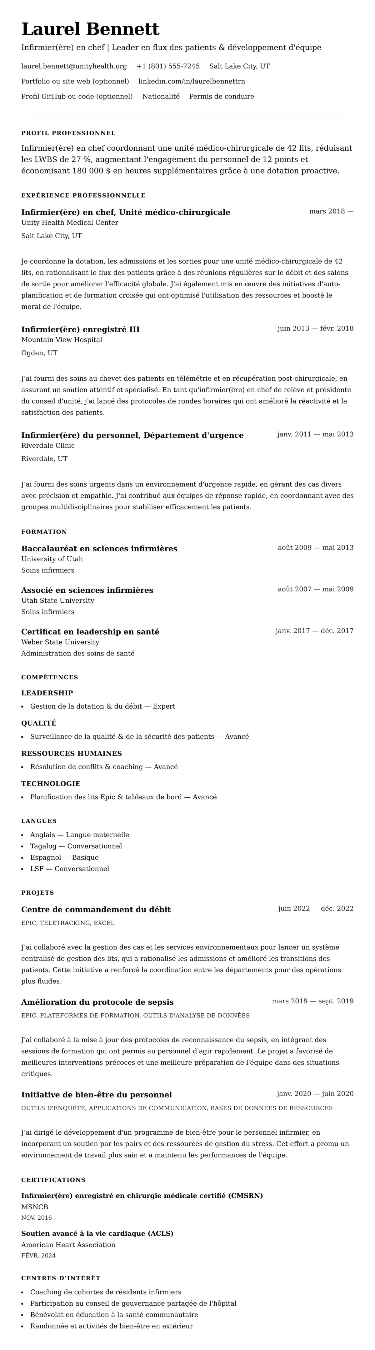 Aperçu du CV Exemple de CV d'Infirmier(ère) en chef