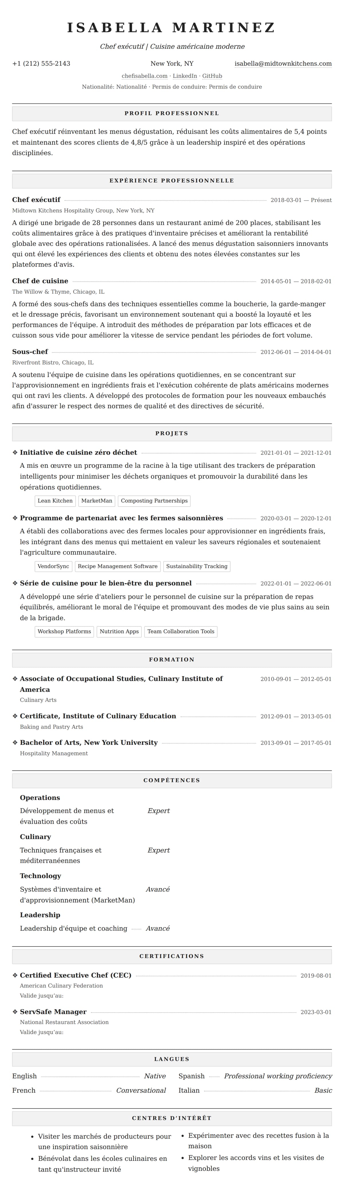 Aperçu du CV Exemple de CV de Chef