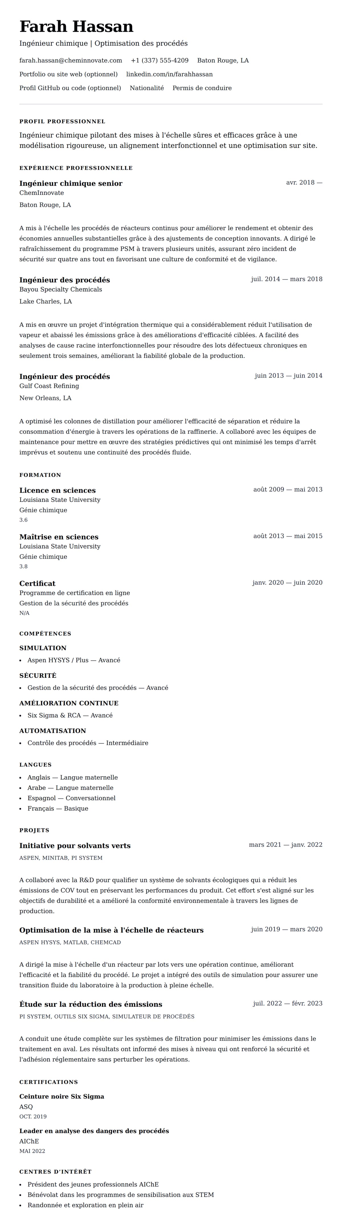 Aperçu du CV Exemple de CV d'ingénieur chimique
