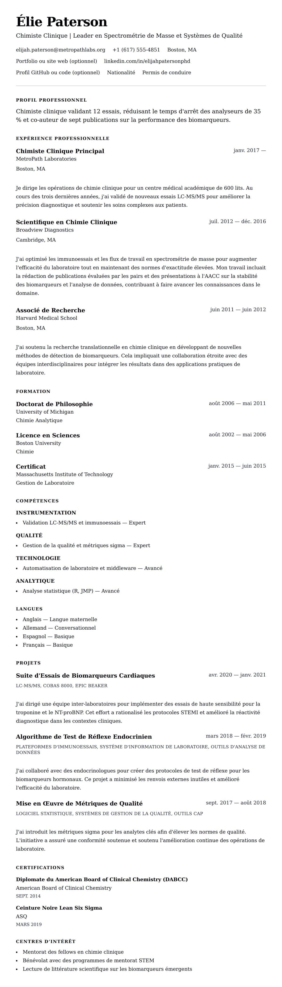 Aperçu du CV Exemple de CV de Chimiste Clinique