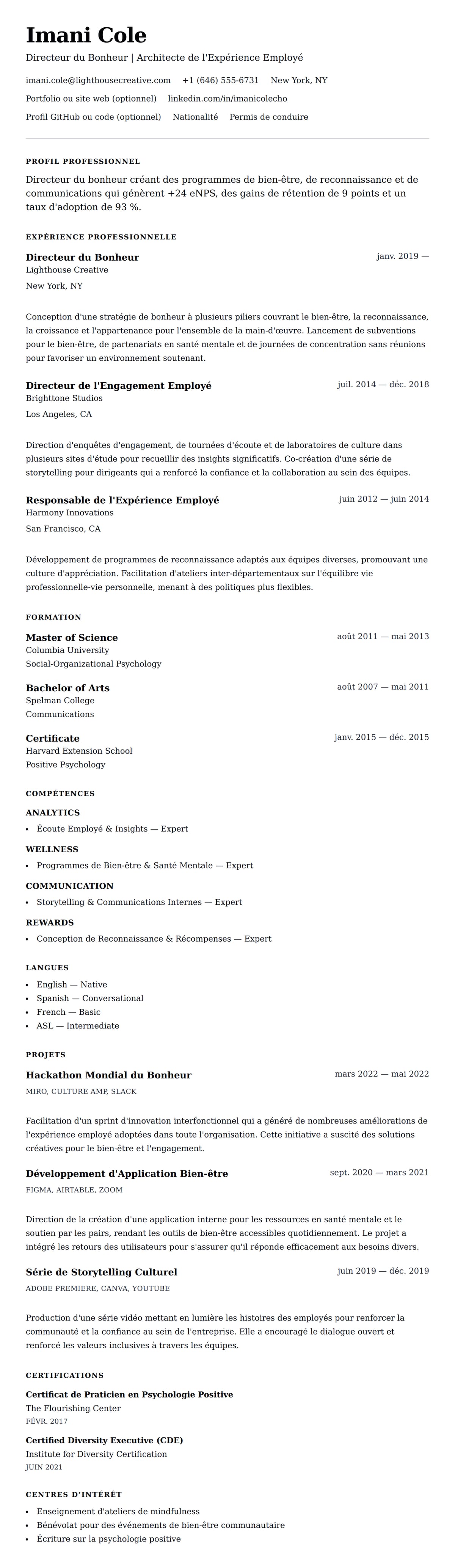 Aperçu du CV Exemple de CV de Directeur du Bonheur (CHO)