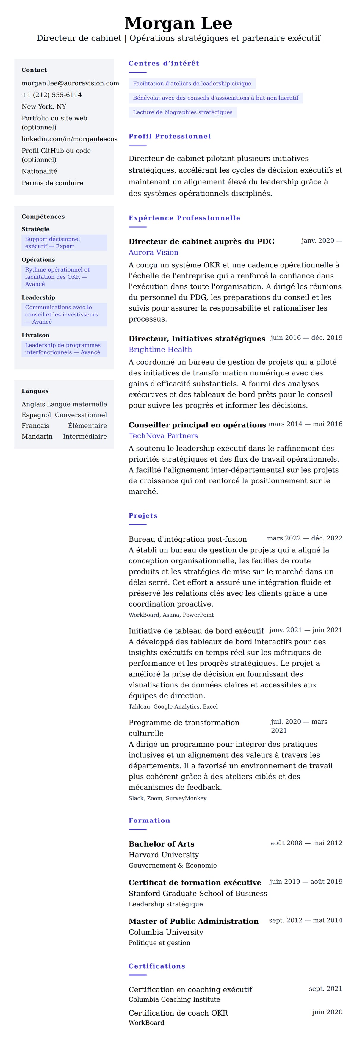 Aperçu du CV Exemple de CV de Directeur de cabinet