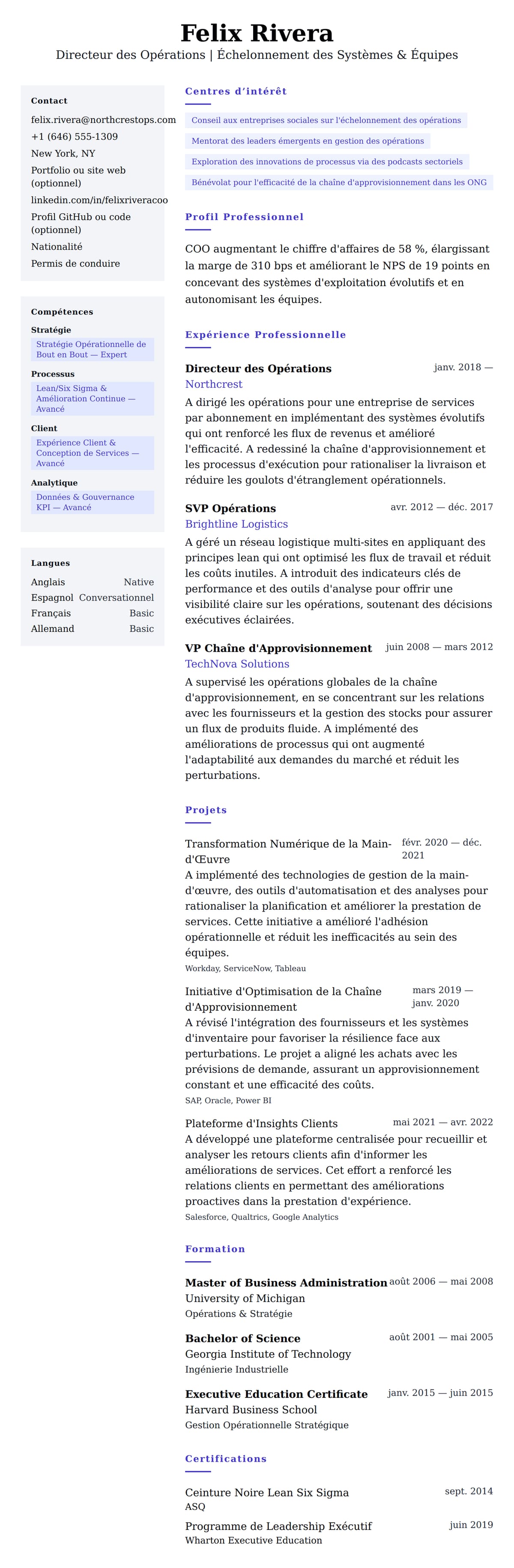 Aperçu du CV Exemple de CV de Directeur des Opérations