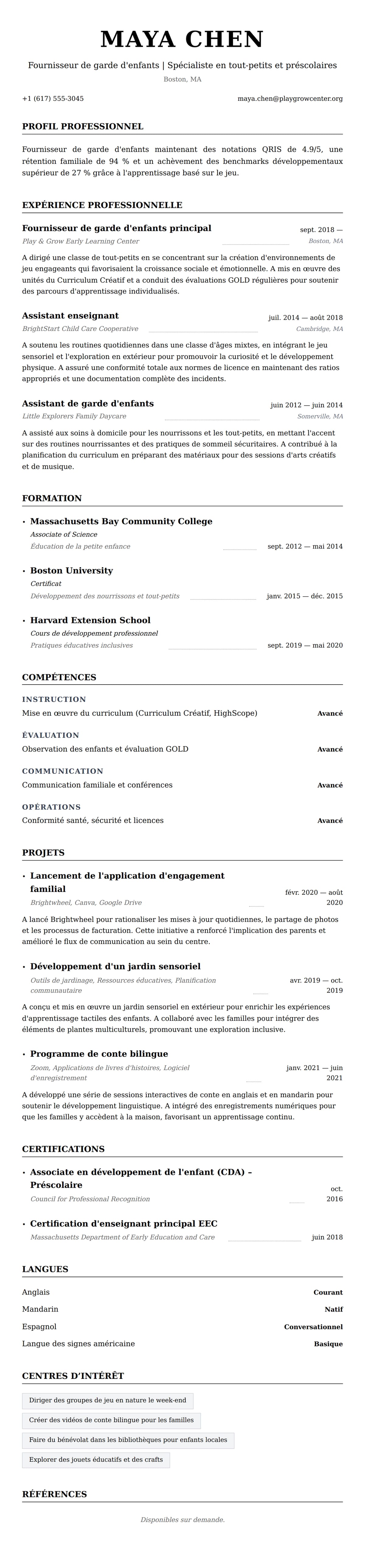 Aperçu du CV Exemple de CV pour Fournisseur de garde d'enfants