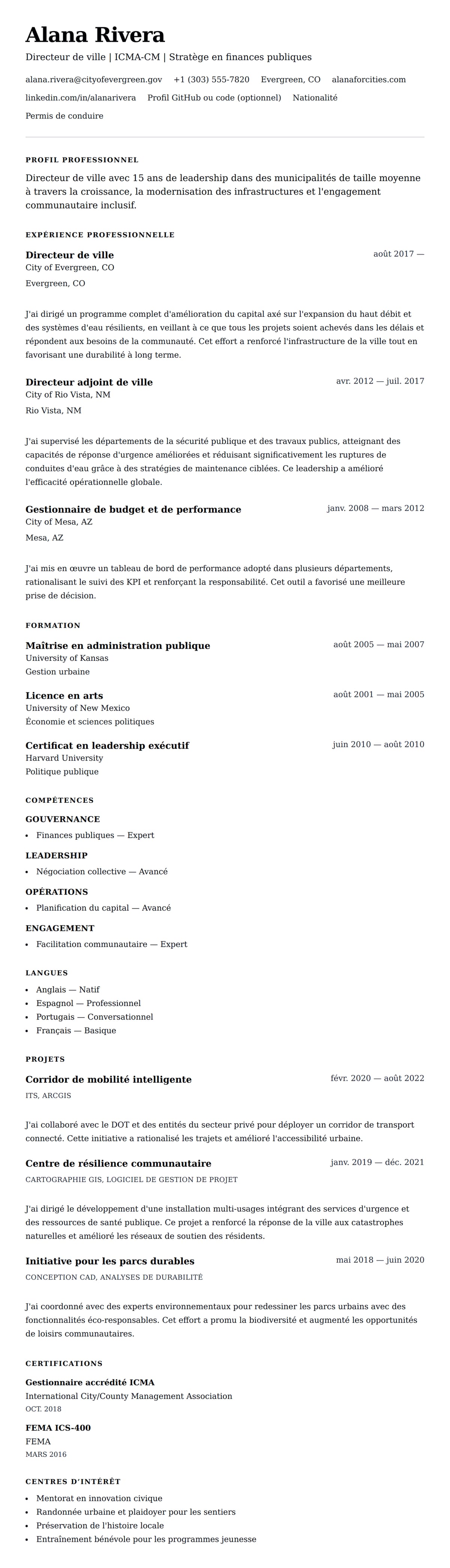 Aperçu du CV Exemple de CV de Directeur de ville
