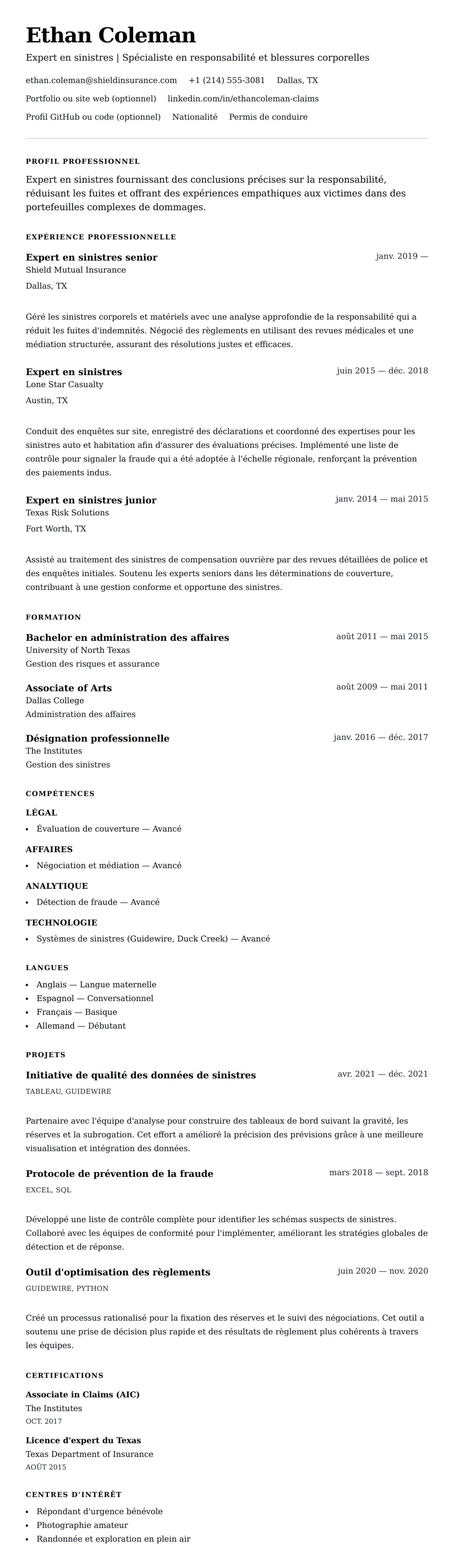 Aperçu du CV Exemple de CV d'Expert en sinistres