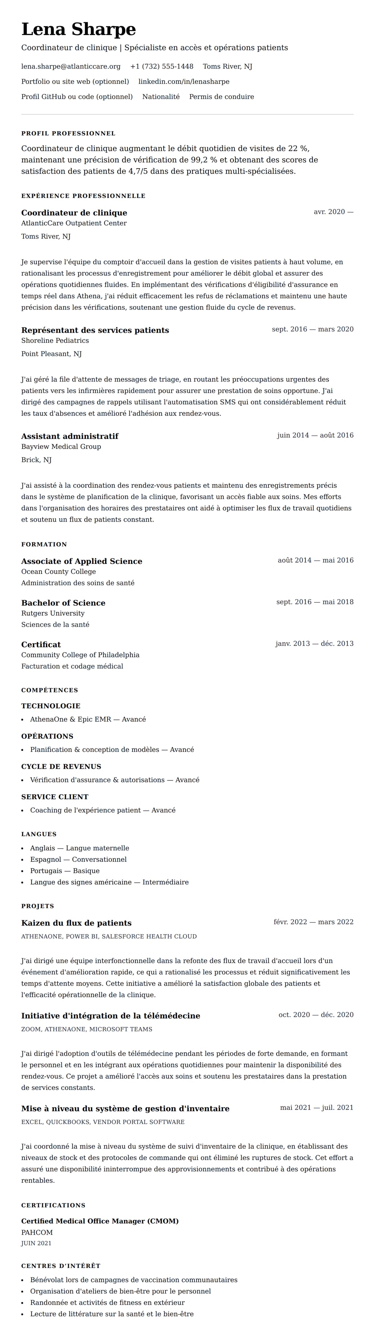 Aperçu du CV Exemple de CV de Coordinateur de clinique