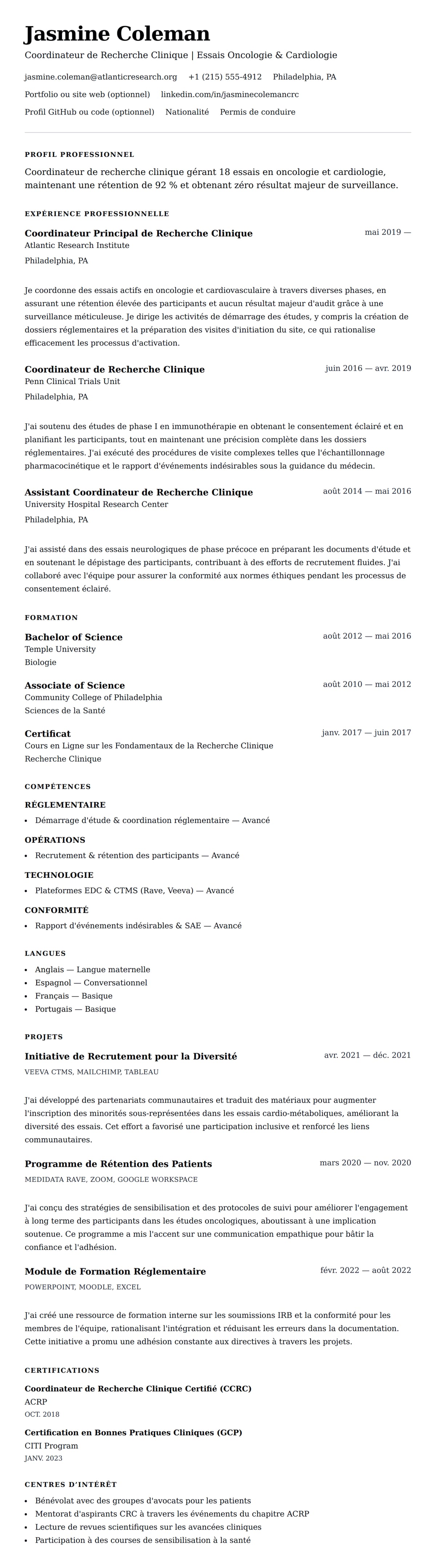 Aperçu du CV Exemple de CV de Coordinateur de Recherche Clinique