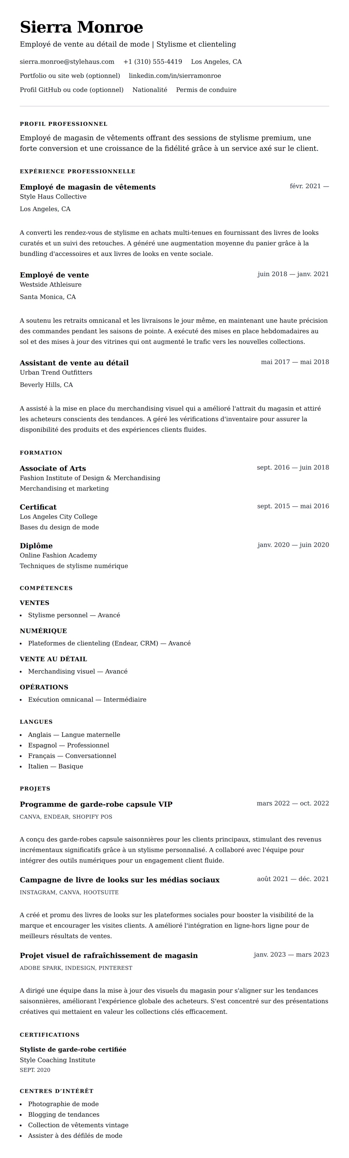 Aperçu du CV Exemple de CV pour employé de magasin de vêtements