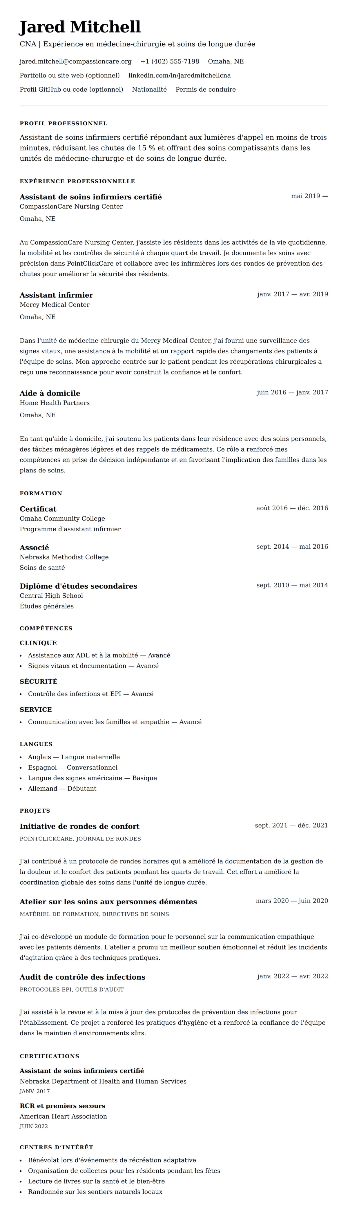 Aperçu du CV Exemple de CV d'Assistant de soins infirmiers certifié (CNA)