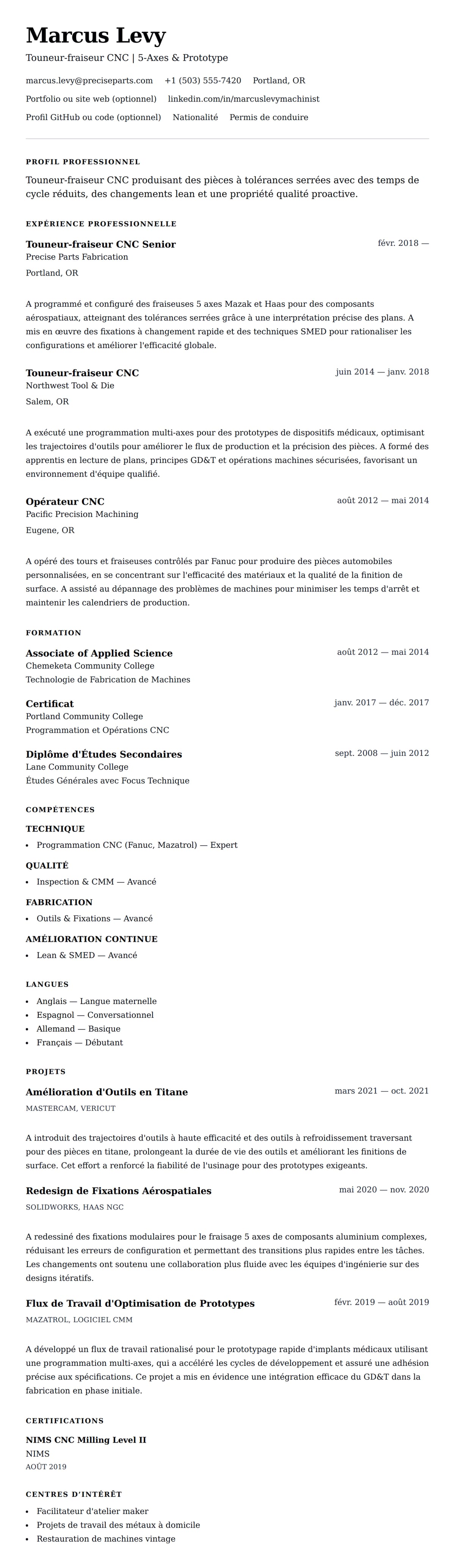 Aperçu du CV Exemple de CV de Touneur-fraiseur CNC