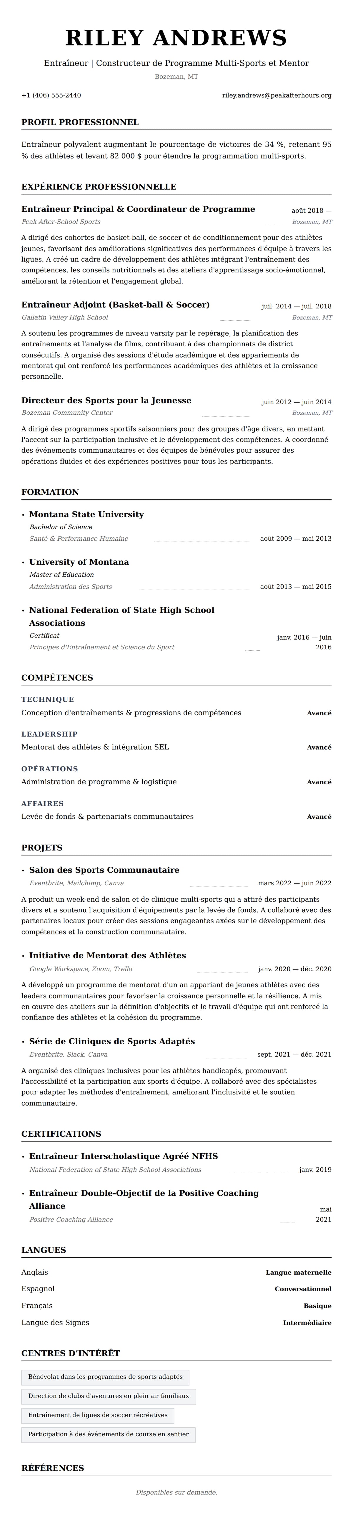 Aperçu du CV Exemple de CV d'Entraîneur