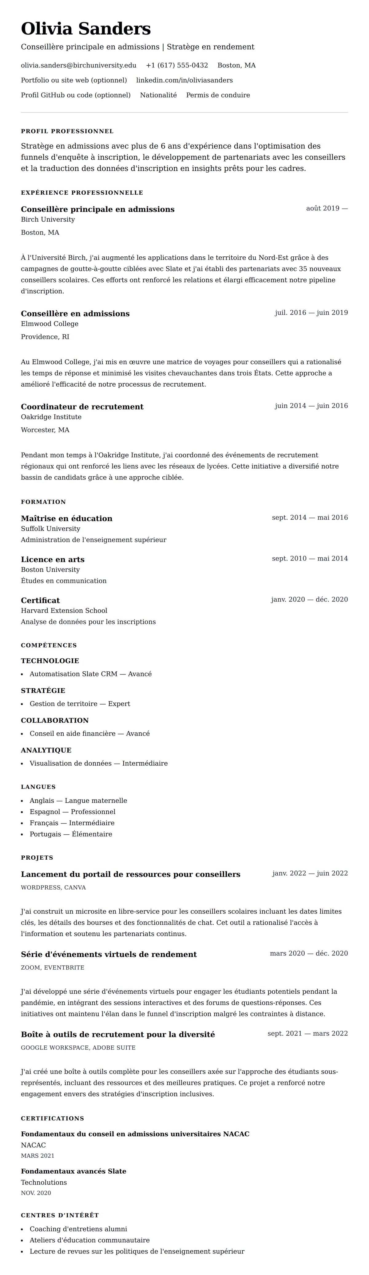 Aperçu du CV Exemple de CV de conseiller en admissions universitaires