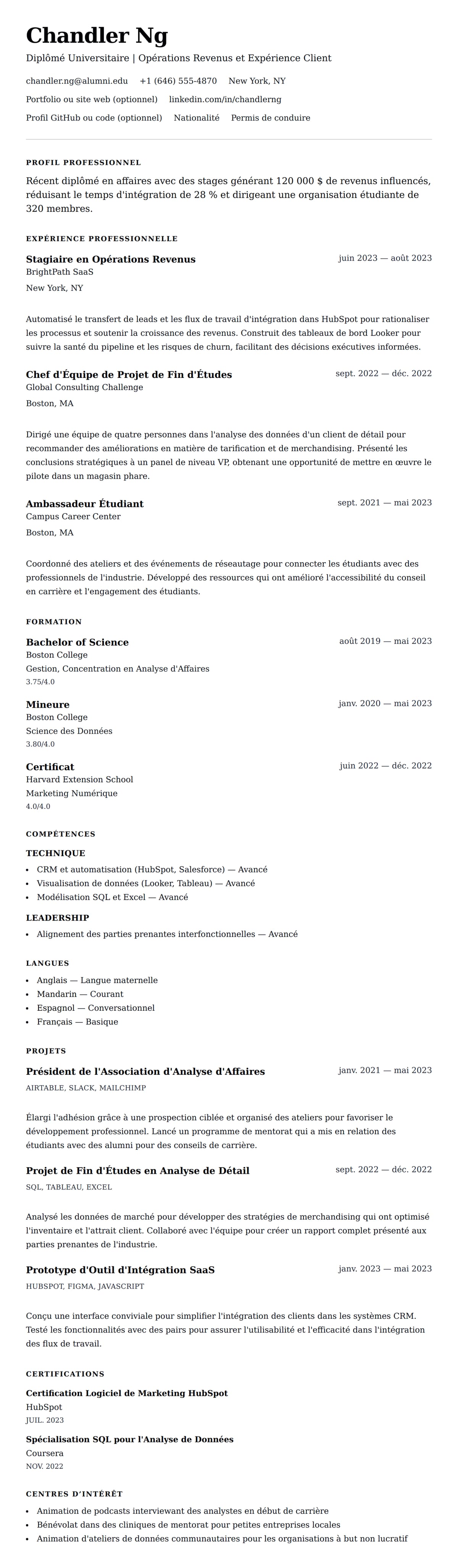 Aperçu du CV Exemple de CV pour Diplômé Universitaire