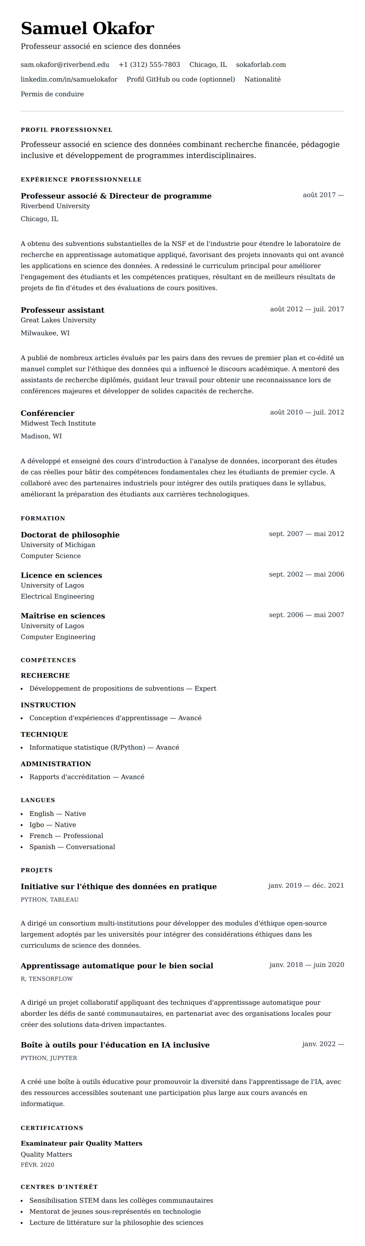 Aperçu du CV Exemple de CV pour Professeur d'université