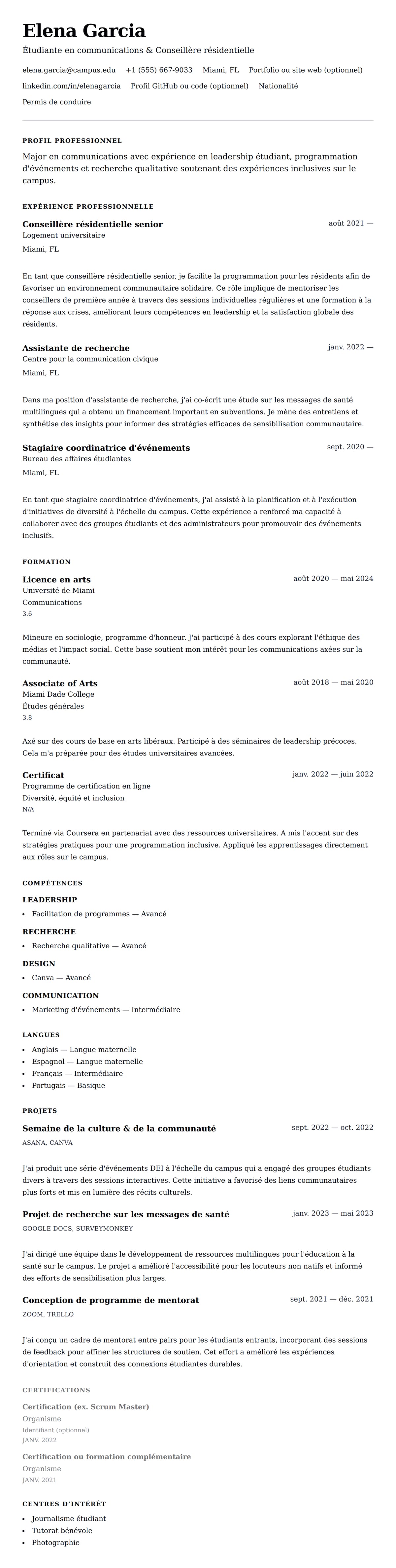 Aperçu du CV Exemple de CV pour étudiant universitaire