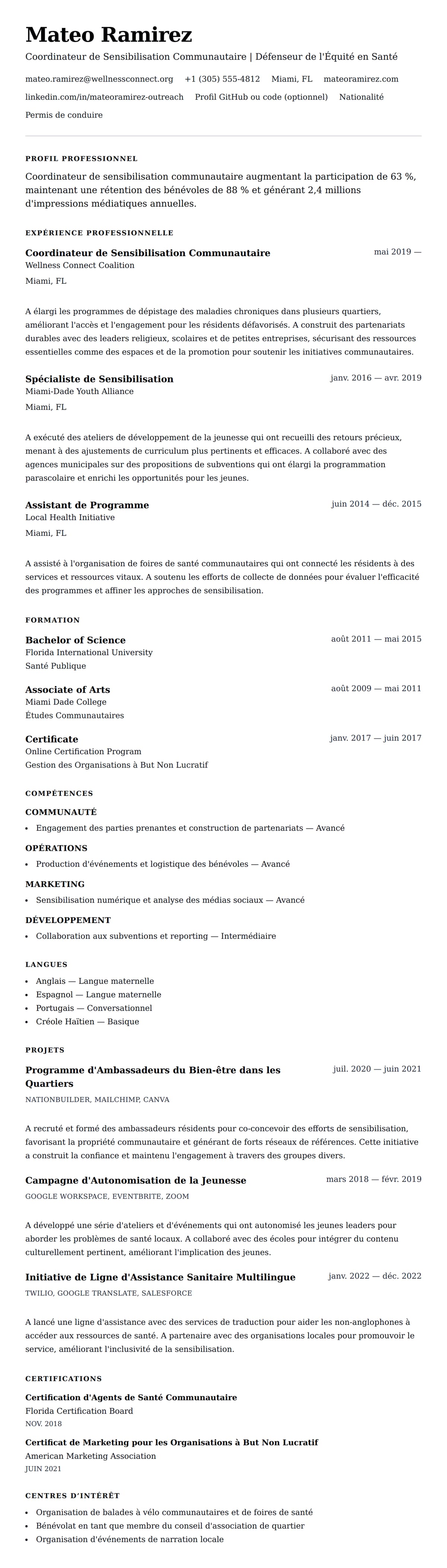 Aperçu du CV Exemple de CV de Coordinateur de Sensibilisation Communautaire