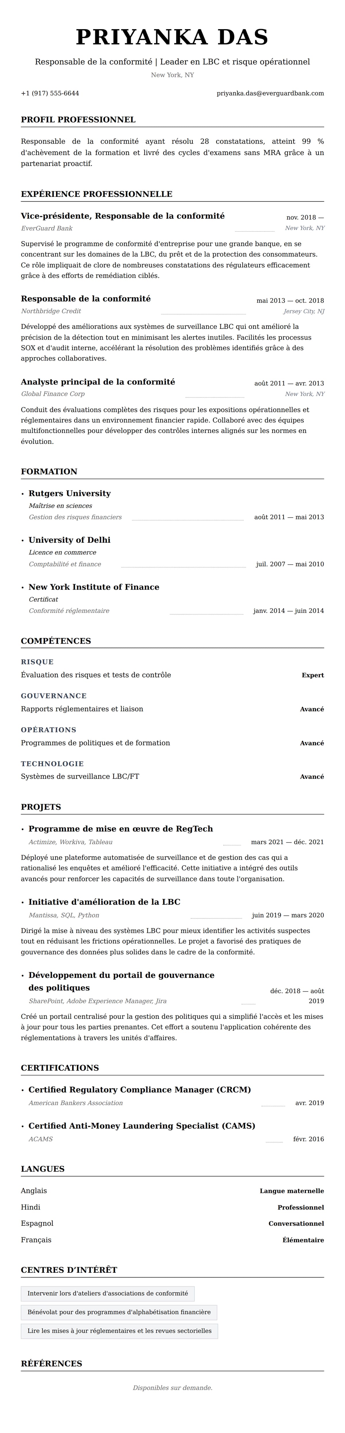 Aperçu du CV Exemple de CV de Responsable de la conformité