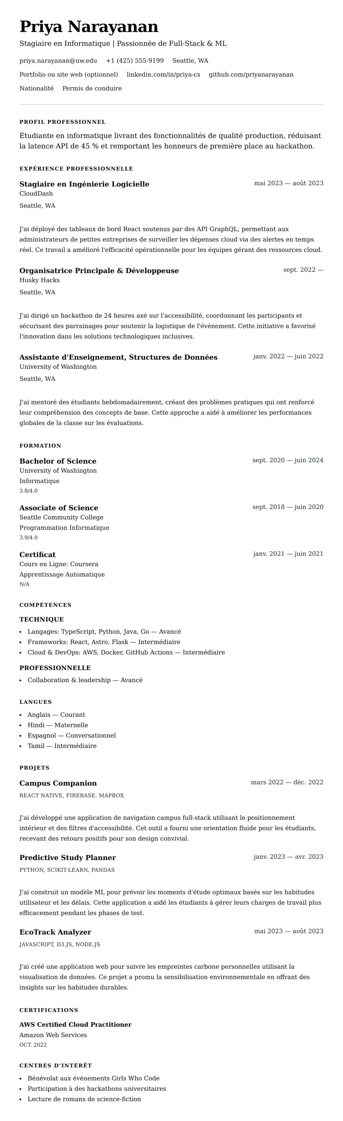 Aperçu du CV Exemple de CV pour Stage en Informatique