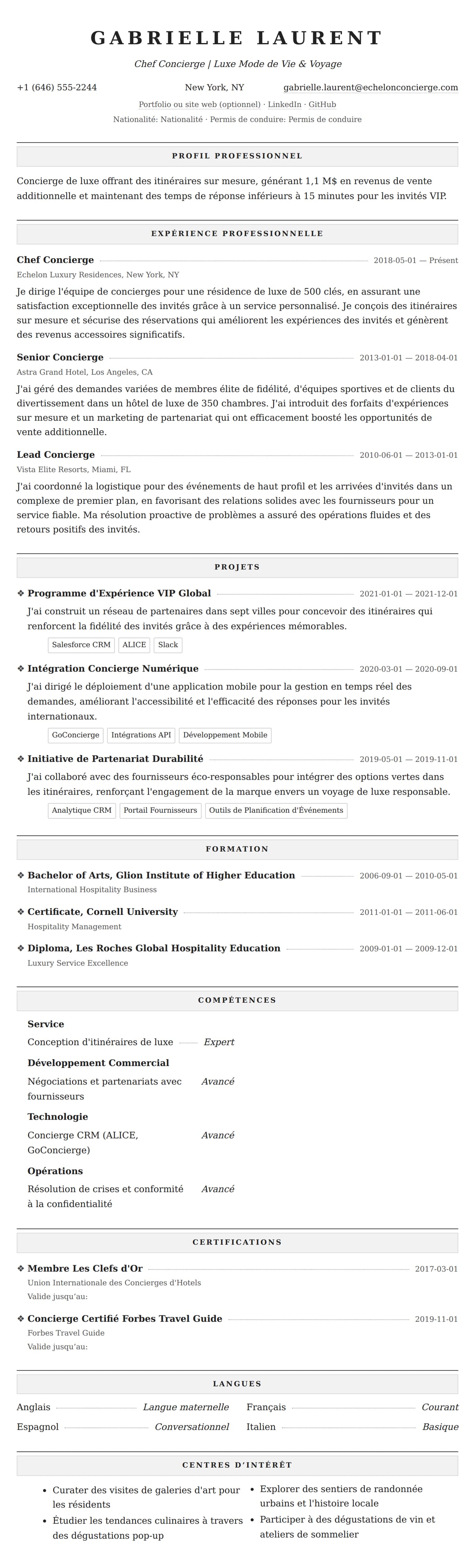 Aperçu du CV Exemple de CV de Concierge