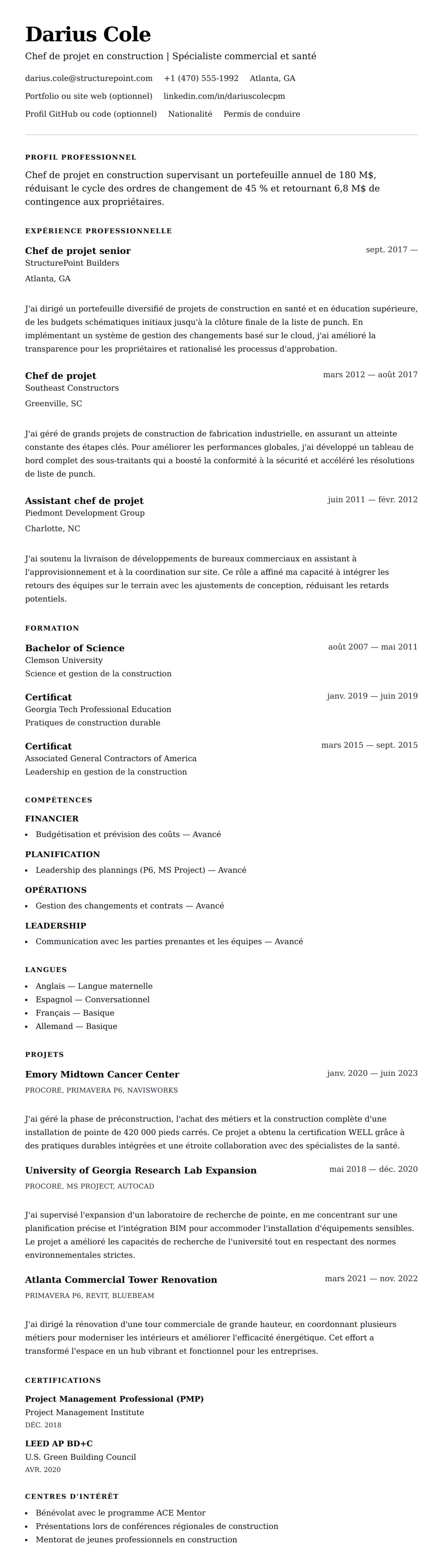 Aperçu du CV Exemple de CV de Chef de projet en construction