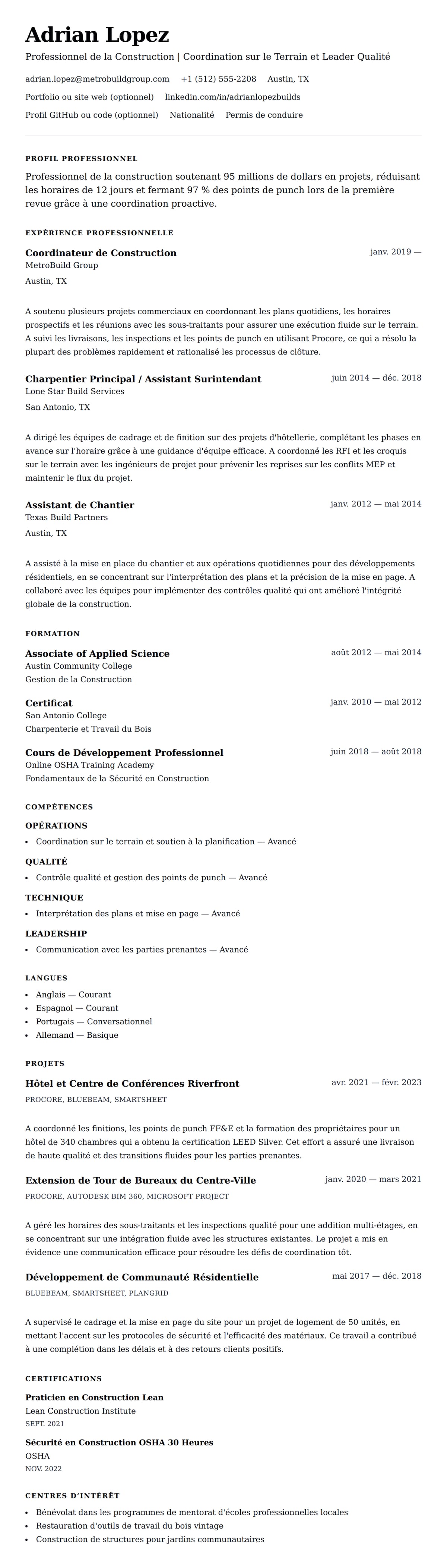 Aperçu du CV Exemple de CV pour Professionnel de la Construction