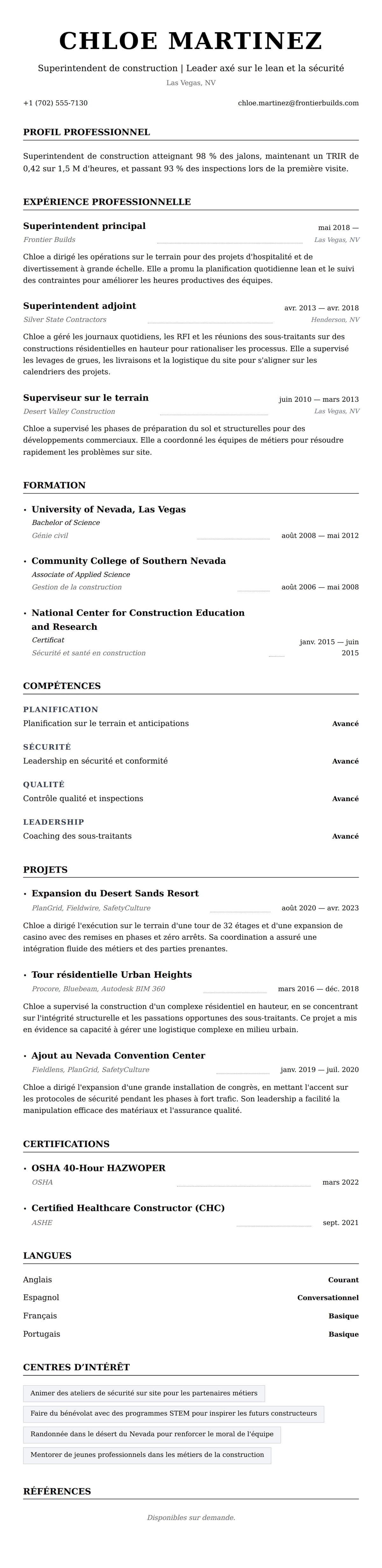 Aperçu du CV Exemple de CV de Superintendent de construction