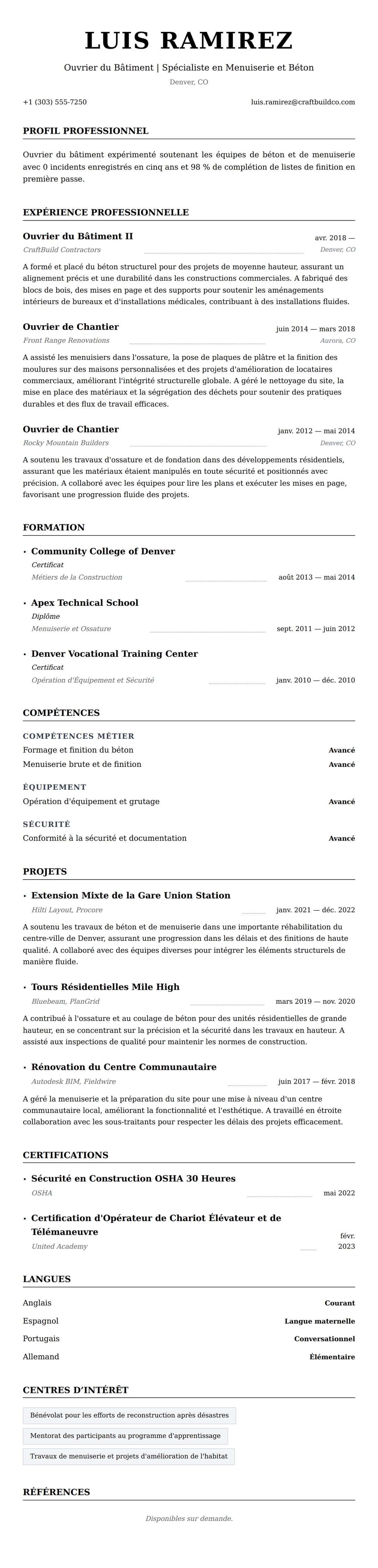 Aperçu du CV Exemple de CV d'Ouvrier du Bâtiment