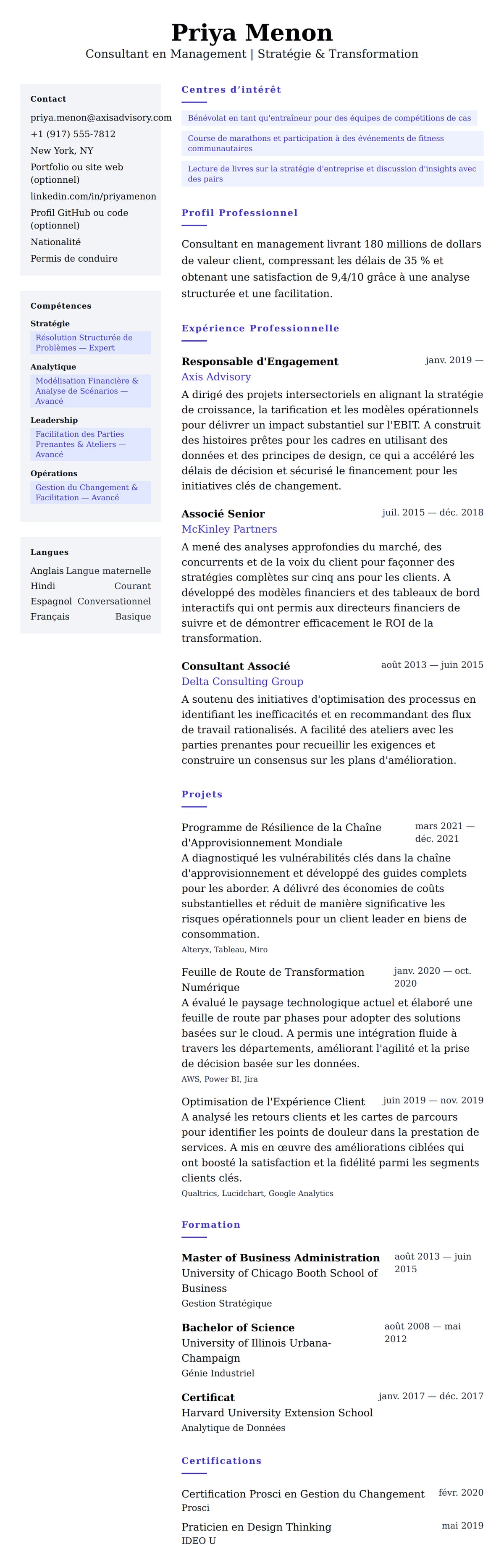 Aperçu du CV Exemple de CV de Consultant en Management