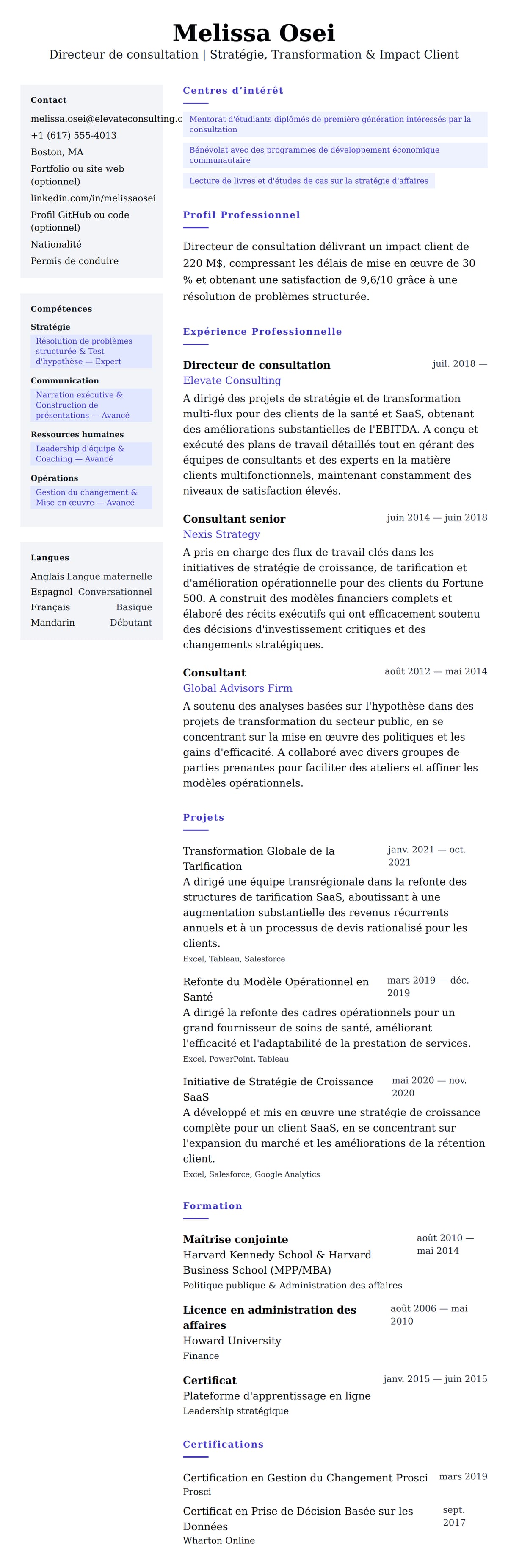 Aperçu du CV Exemple de CV pour Directeur de consultation