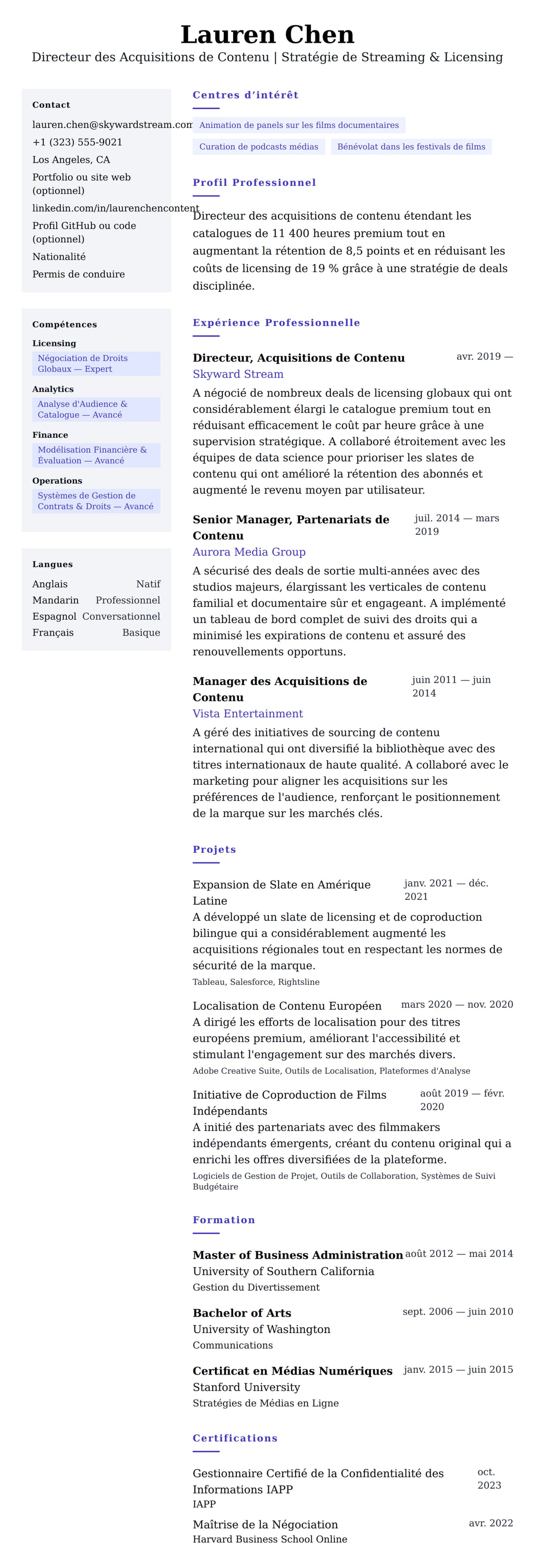 Aperçu du CV Exemple de CV de Directeur des Acquisitions de Contenu