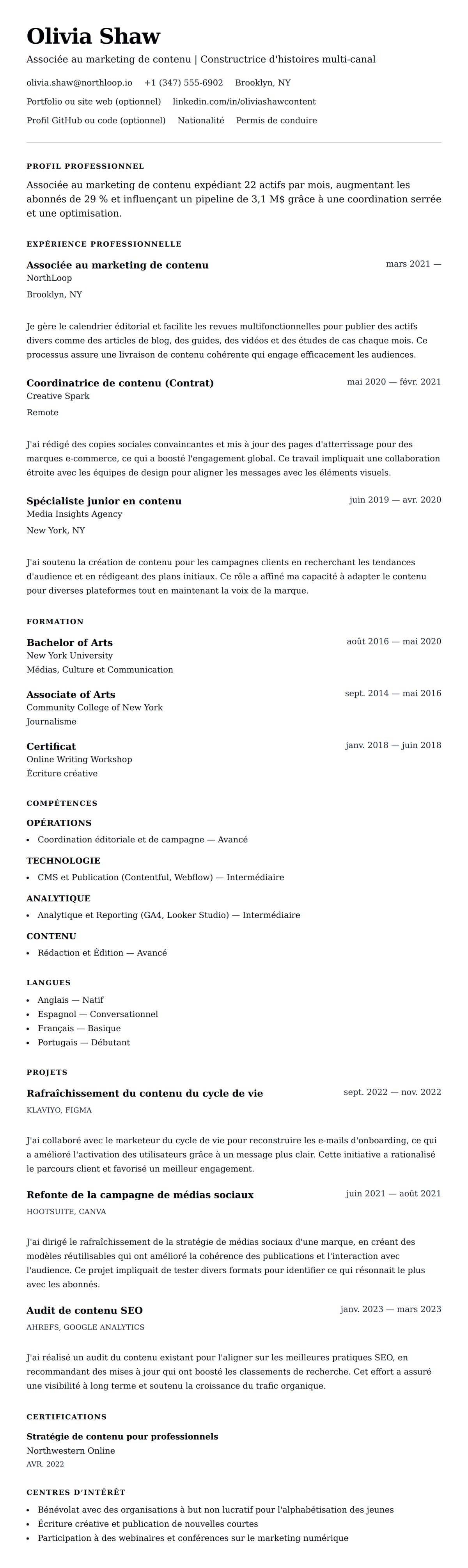 Aperçu du CV Exemple de CV d'Associé au marketing de contenu