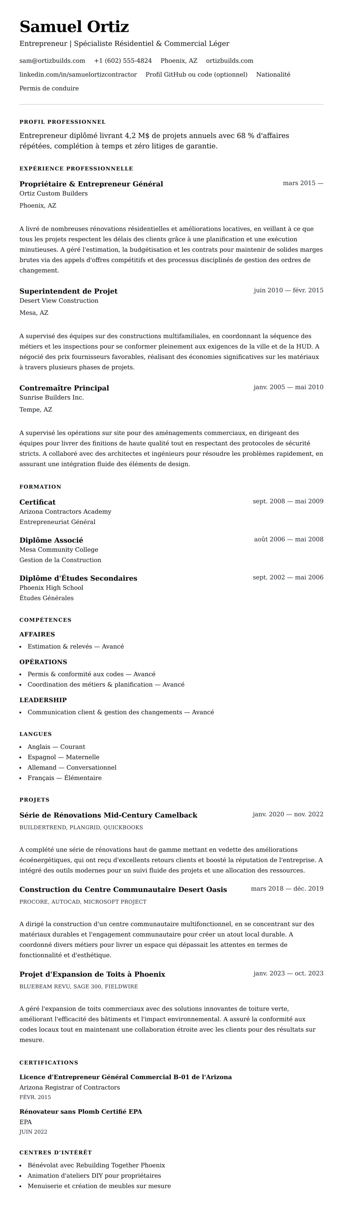 Aperçu du CV Exemple de CV d'Entrepreneur