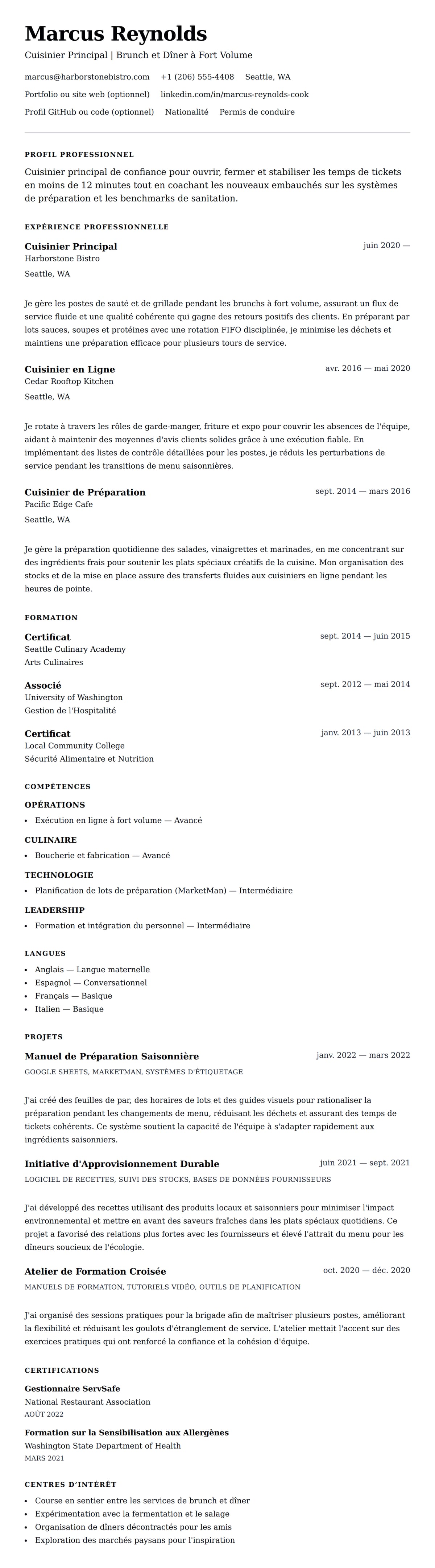 Aperçu du CV Exemple de CV de Cuisinier