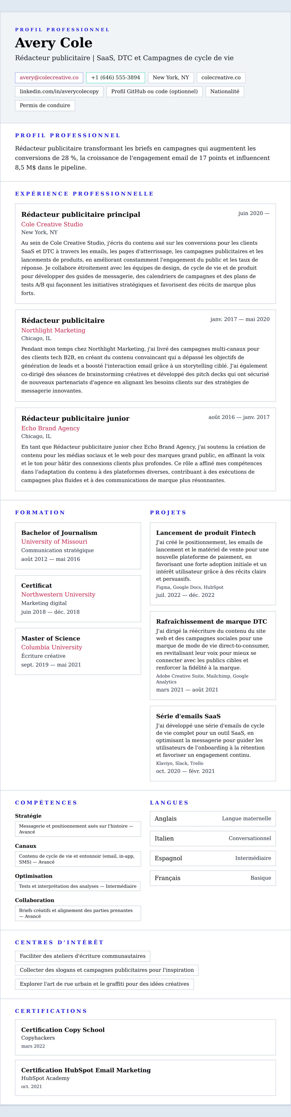 Aperçu du CV Exemple de CV de Rédacteur publicitaire