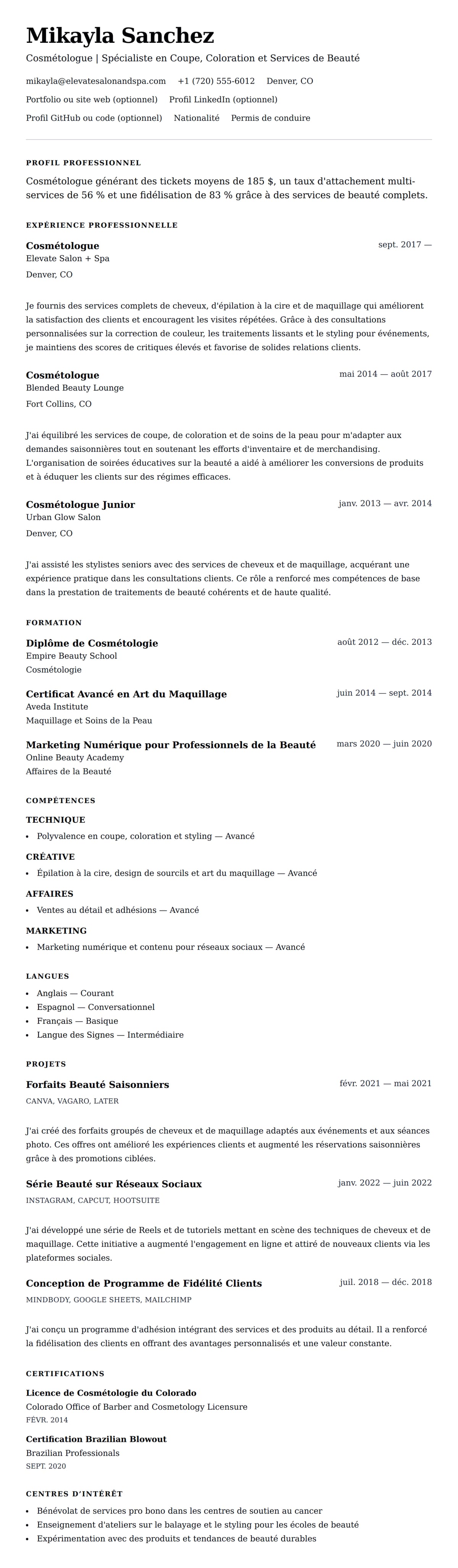 Aperçu du CV Exemple de CV de Cosmétologue