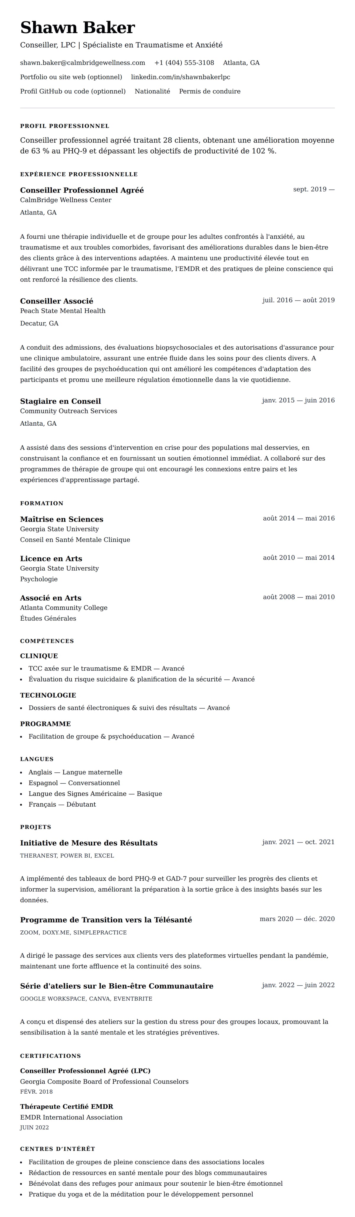Aperçu du CV Exemple de CV de Conseiller