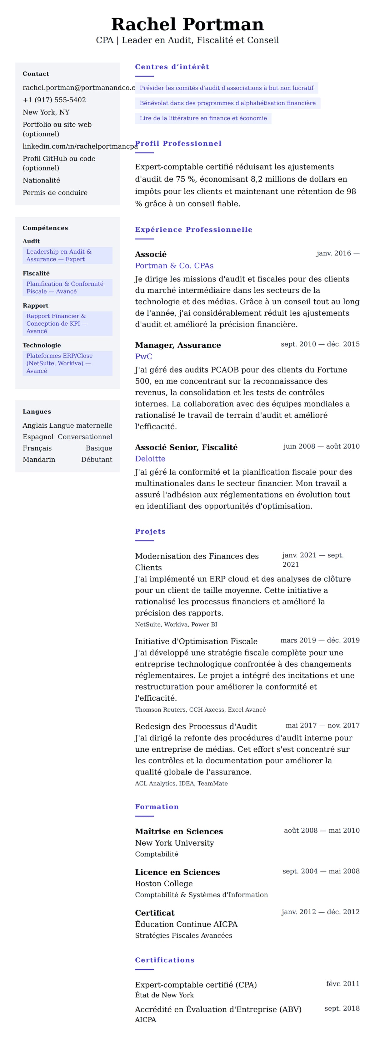 Aperçu du CV Exemple de CV d'Expert-comptable certifié