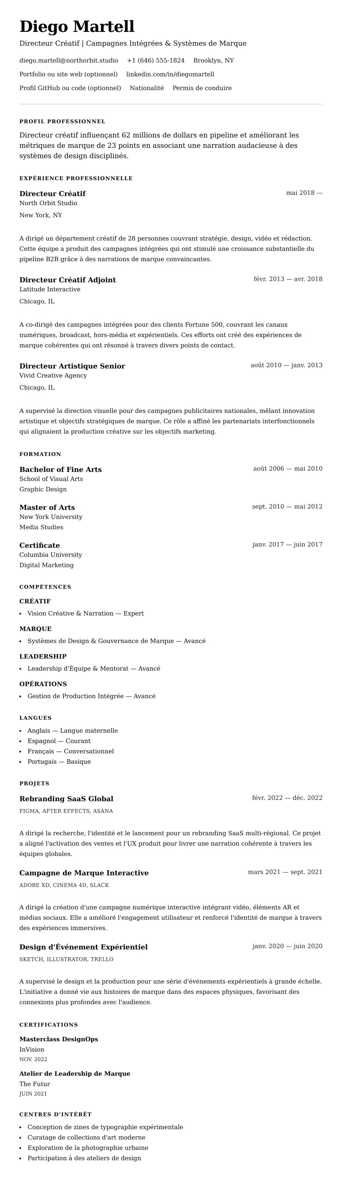 Aperçu du CV Exemple de CV de Directeur Créatif